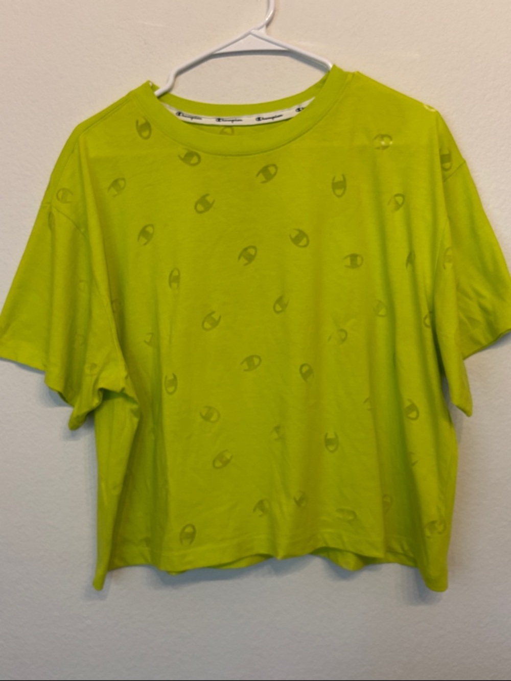 Champion Lime Green Logo Print Boxy Tee with Sheer Logos throughout